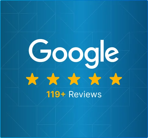 Google logo with five stars and client reviews