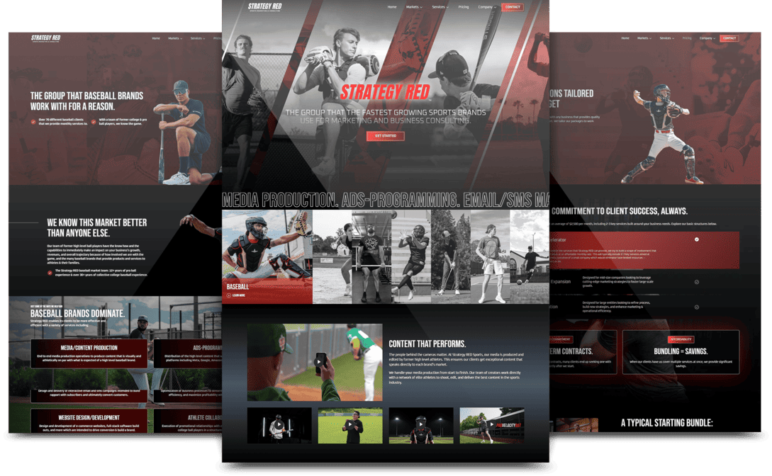 Strategy Red Sports website shown on overlapping desktop and mobile screens