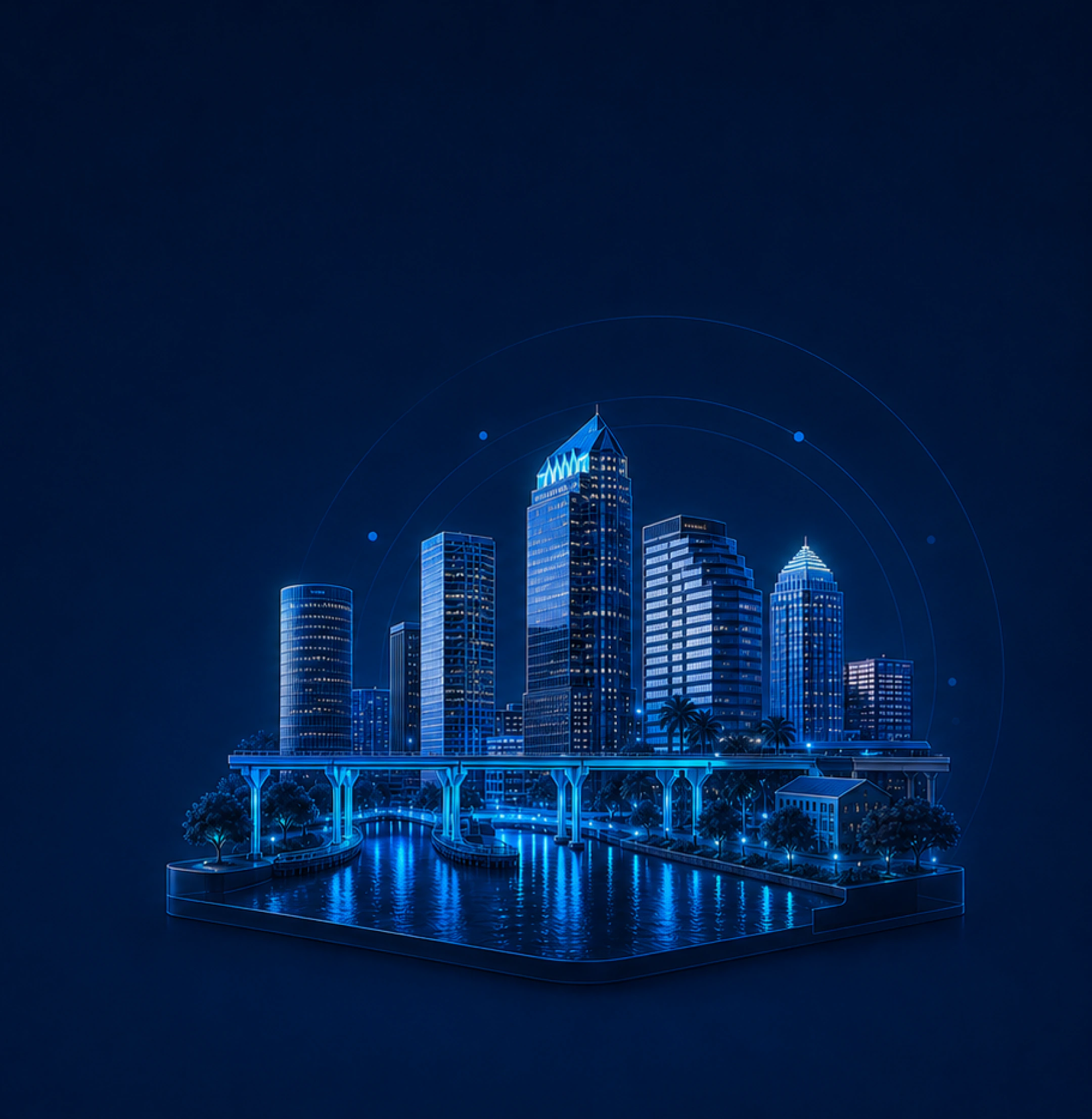 Stylized blue Tampa skyline illustration with network overlay