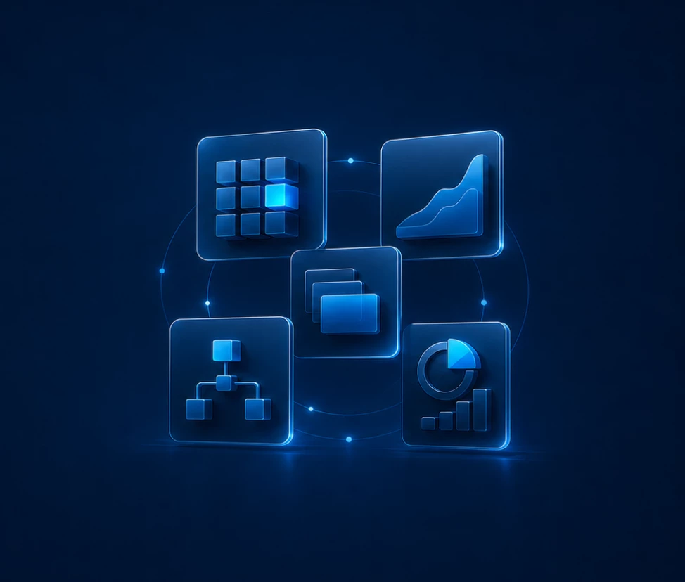 Glowing glass icons representing analytics, architecture, and layered web systems