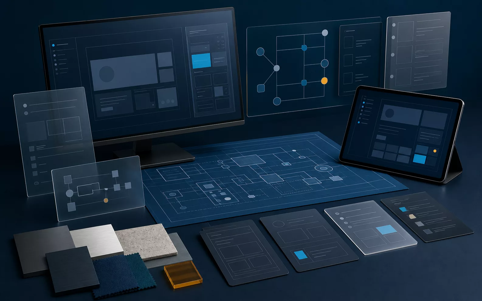 Design workspace with monitor, tablet, and blueprint site architecture diagrams