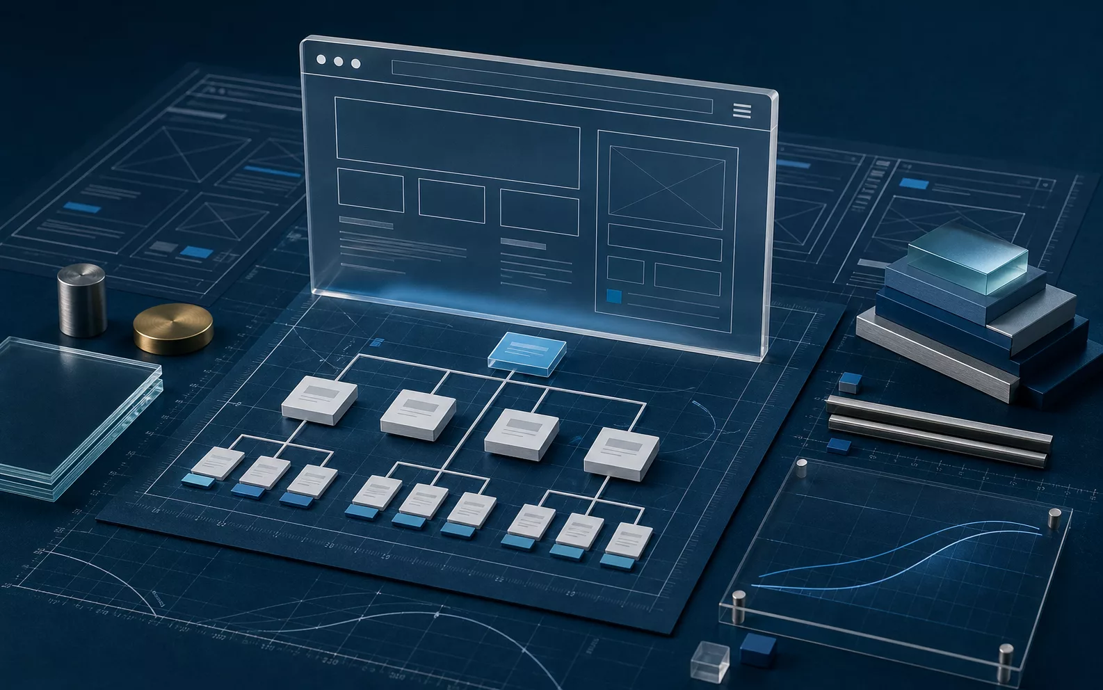 3D blueprint visualization of website wireframes and information architecture