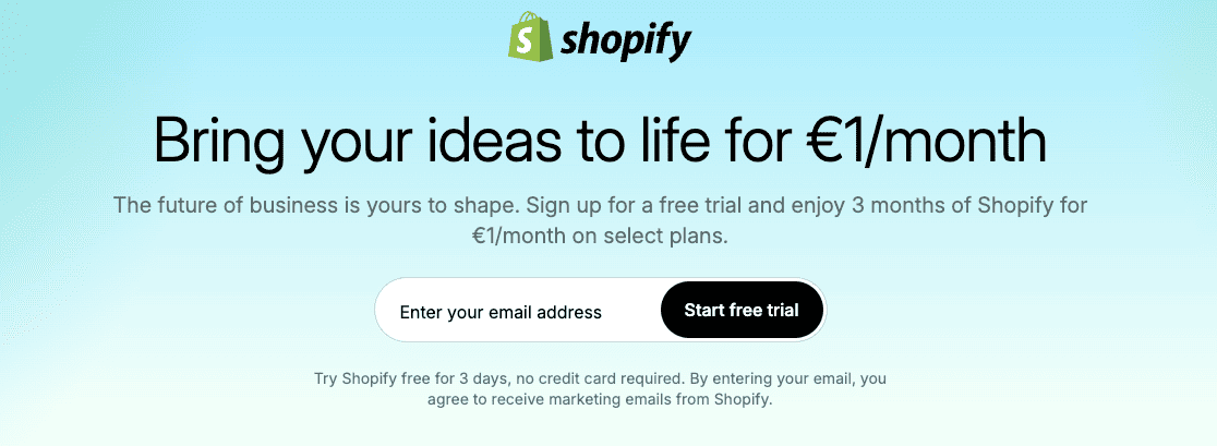 Shopify homepage showing its all-in-one
  eCommerce CMS with online store builder, payment solutions, and global selling
  features.