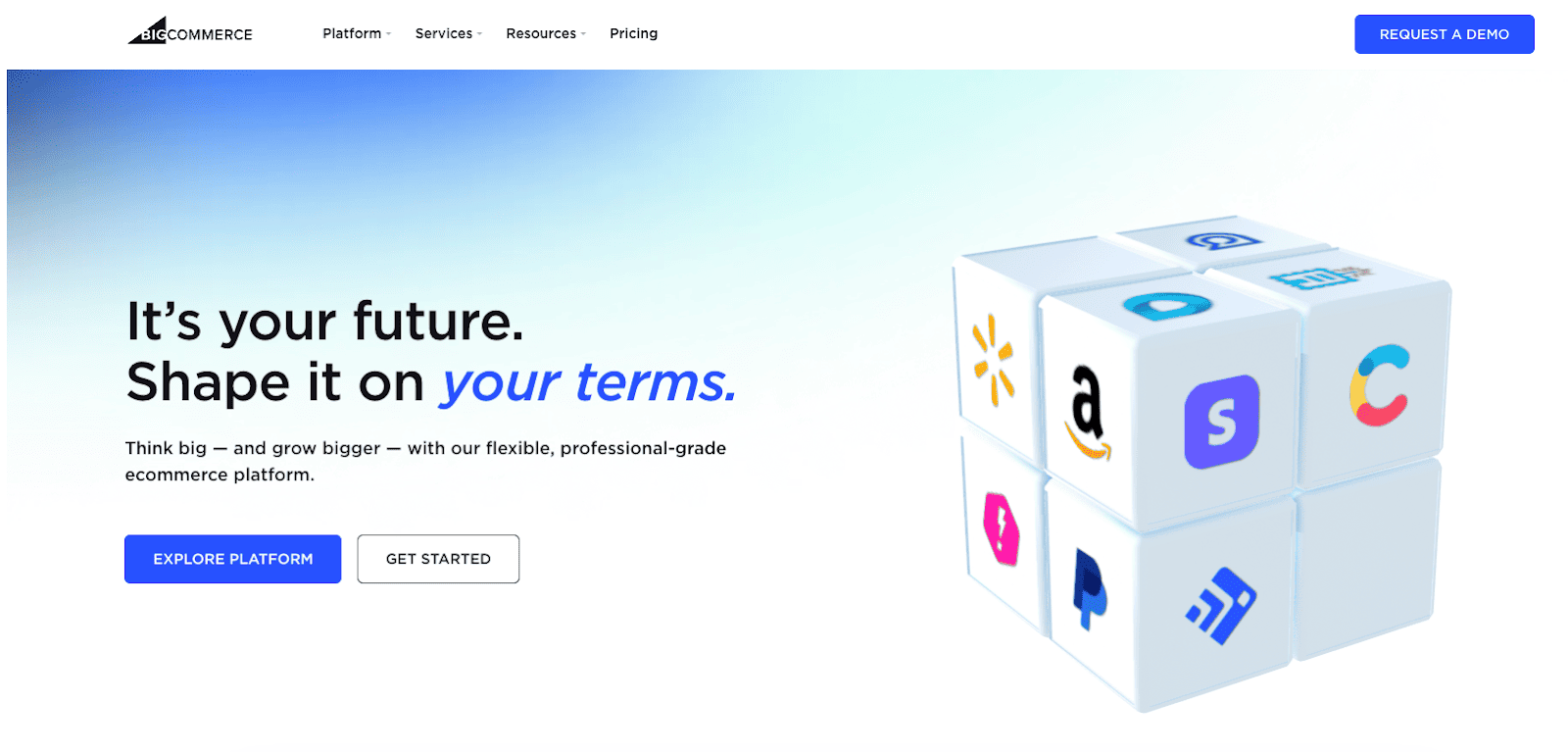 BigCommerce homepage featuring flexible
  eCommerce solutions for fast-growing businesses and multi-channel integration.