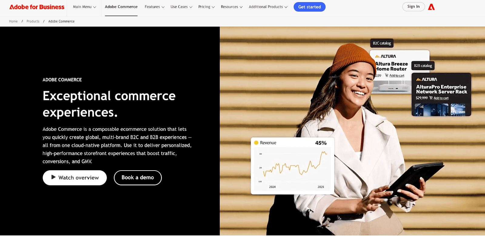Adobe Commerce homepage promoting Magento’s
  enterprise-level eCommerce platform with B2B features and advanced
  scalability.