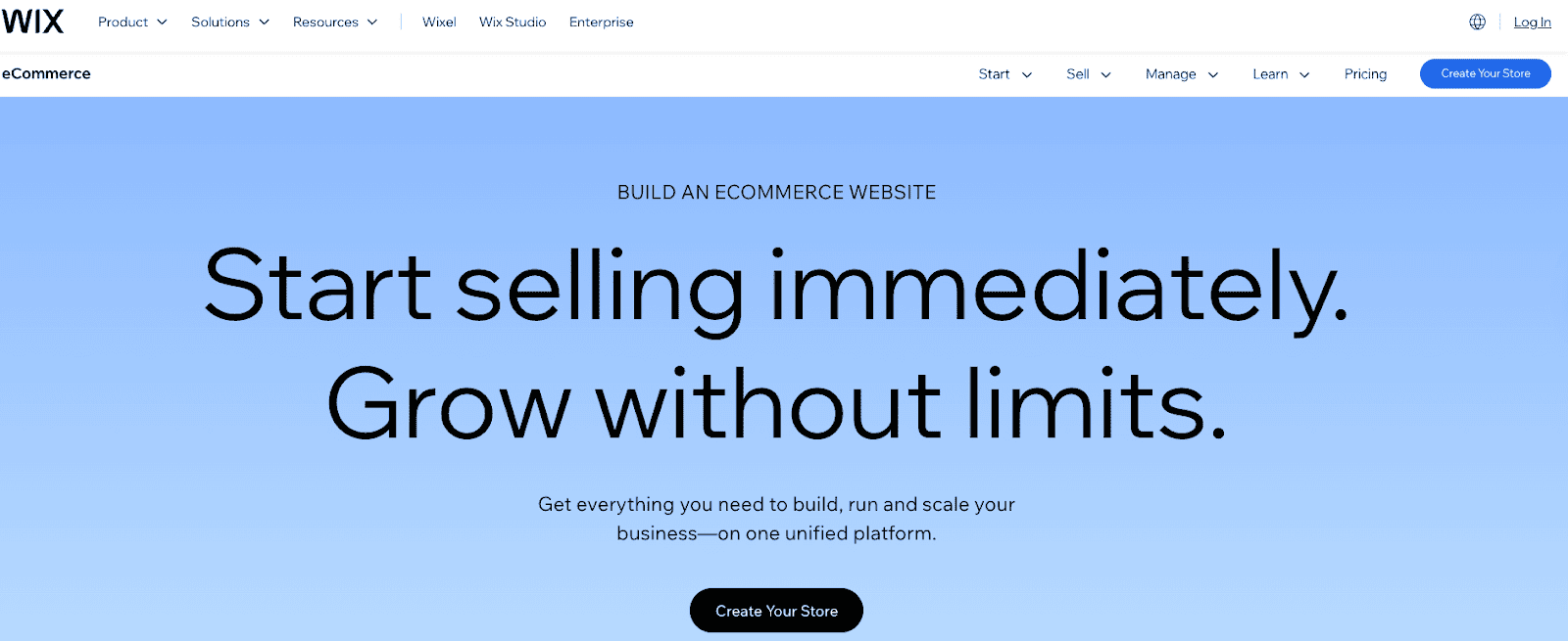 Wix eCommerce homepage displaying
  user-friendly website builder and tools tailored for small business online
  stores.