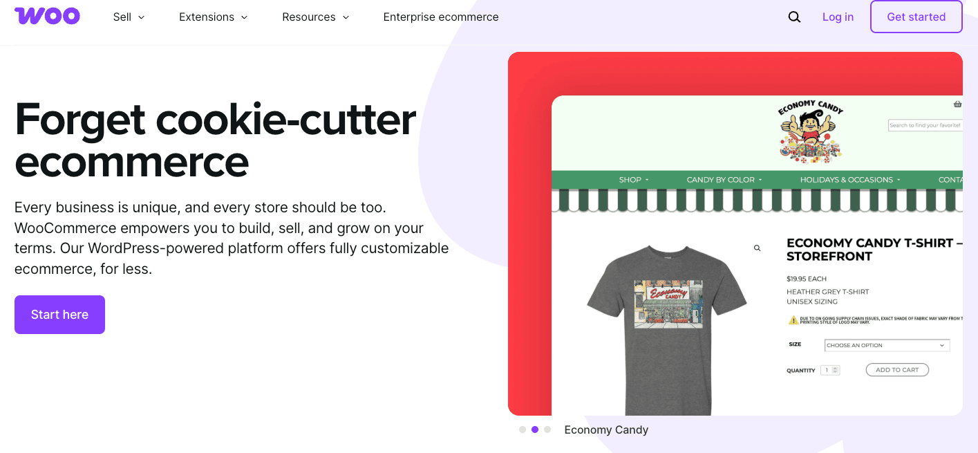 WooCommerce homepage
  highlighting its open-source WordPress integration and customizable eCommerce
  store capabilities.