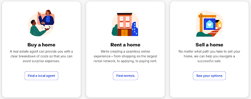 Real estate website sections separating buyer, renter, and seller options to guide visitors to the right landing page.