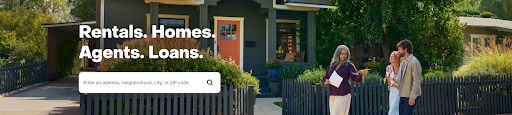 Real estate homepage search banner with address search bar encouraging users to find homes, rentals, agents, and loans in a specific area.