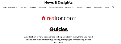 Real estate guides section showing educational articles about buying, selling, mortgages, and homeownership topics.
