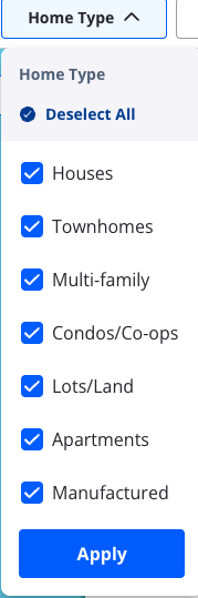 Property type filter dropdown on a real estate website showing options like houses, townhomes, condos, apartments, and land.