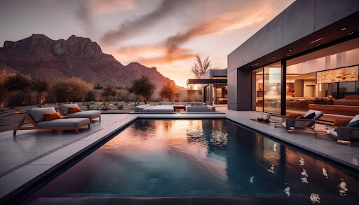 High-end modern residence with infinity pool and panoramic landscape, illustrating the immersive visual storytelling used on luxury real estate websites.