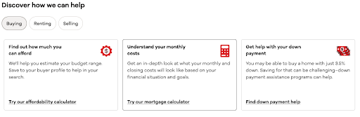 Real estate website tools section with affordability calculator, monthly cost estimator, and down payment assistance resources for homebuyers.